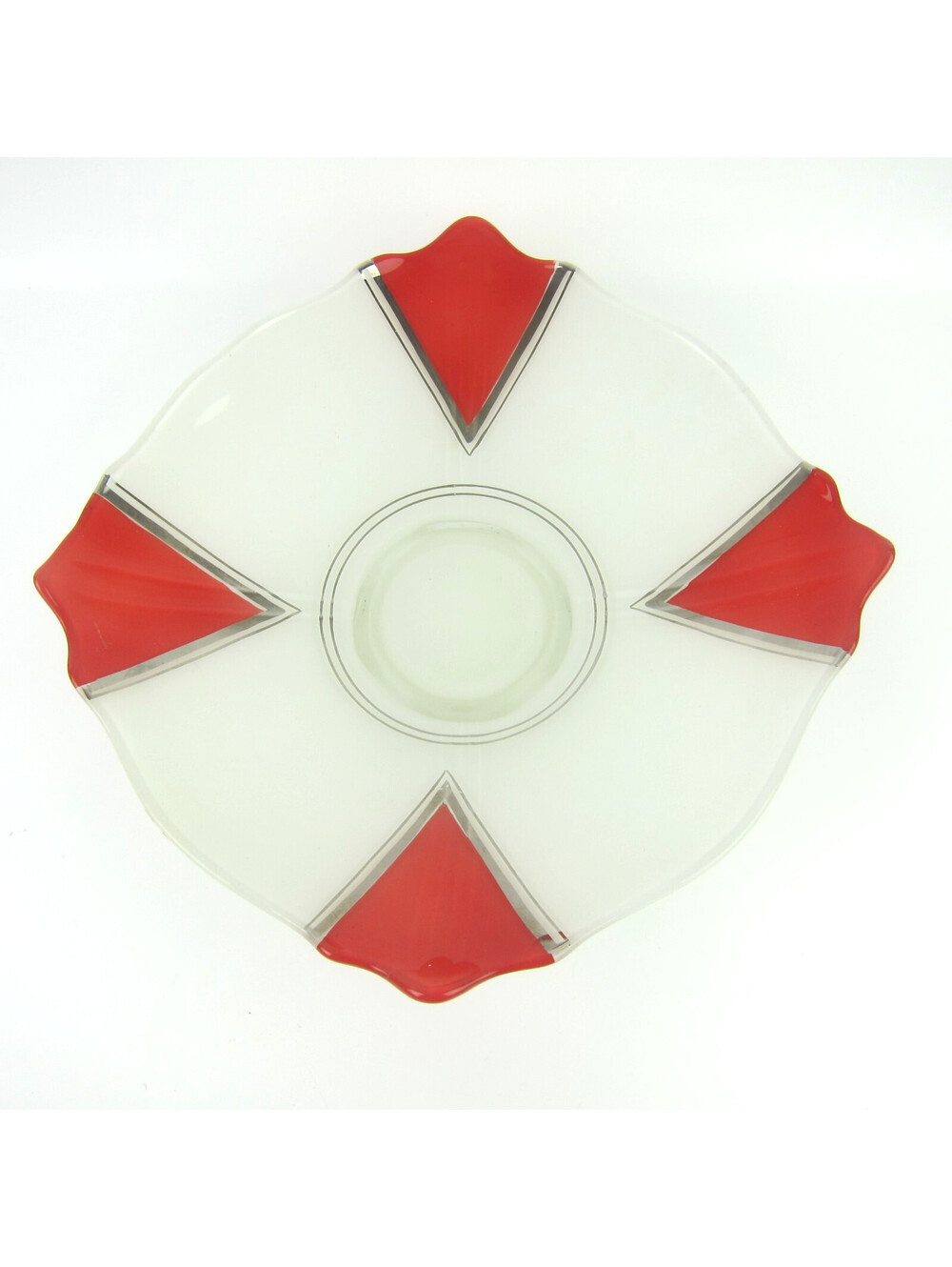 Vintage 1930s Art Deco Footed Glass Bowl Red Platinum Stripe Indiana Moderne 13"